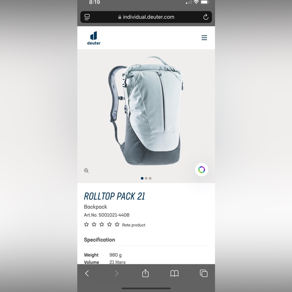 Deuter Rolltop 21 water resistant backpack.  Very nice